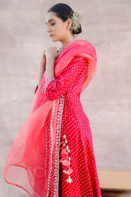 Shop Label Mansi Nagdev Red Chanderi Silk Mirrors, Sequins V-neck Falak Printed Angrakha Set Online at Aza Fashions Shop_Label Mansi Nagdev_Red Chanderi Silk Mirrors, Sequins V-neck Falak Printed Angrakha Set _Online_at_Aza_Fashions