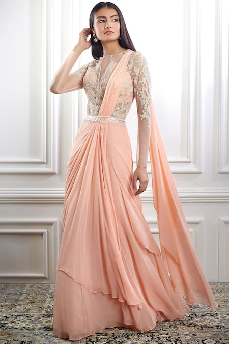 Trendy Peach Colored Party Wear Embroidered Net Gown