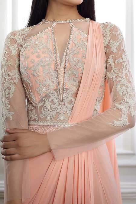 Buy_MANDIRA WIRK - Indian_Peach Net, Viscose Georgette Round Embroidered Pre-draped Saree Gown _Online_at_Aza_Fashions