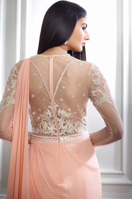 Shop_MANDIRA WIRK - Indian_Peach Net, Viscose Georgette Round Embroidered Pre-draped Saree Gown _Online_at_Aza_Fashions