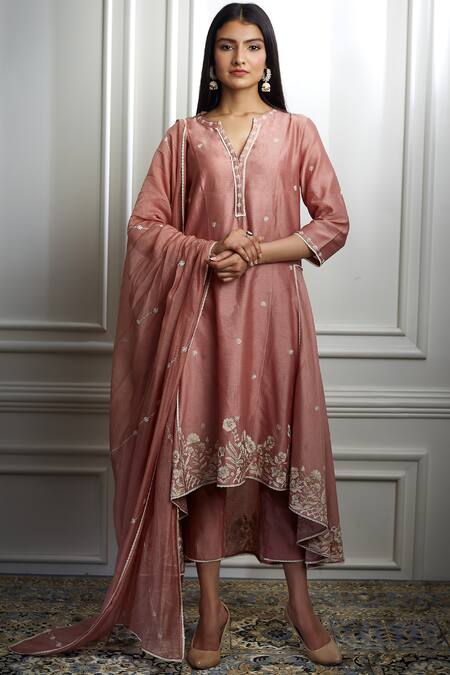 Mandira Wirk - Indian_Pink Chanderi Round Kurta Set_Online_at_Aza_Fashions