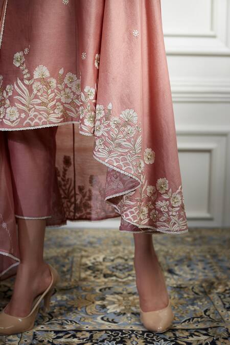 Buy_Mandira Wirk - Indian_Pink Chanderi Round Kurta Set_Online_at_Aza_Fashions