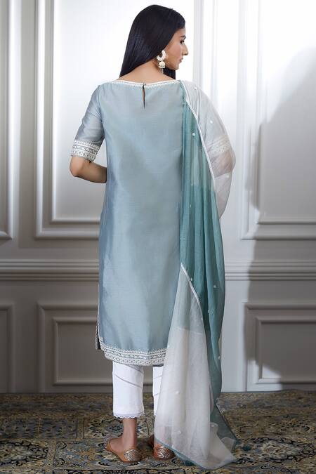 Shop Mandira Wirk - Indian Green Chanderi Round Kurta Set at Aza Fashions Shop_Mandira Wirk - Indian_Green Chanderi Round Kurta Set_at_Aza_Fashions