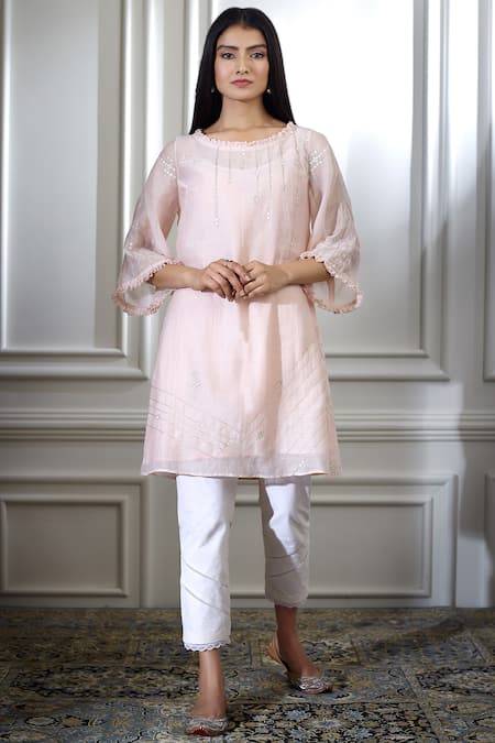 Mandira Wirk - Indian Peach Chanderi Round Kurta Set