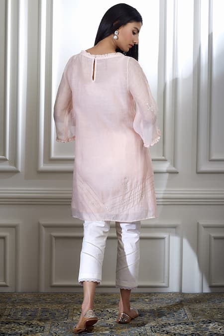 Shop Mandira Wirk - Indian Peach Chanderi Round Kurta Set at Aza Fashions Shop_Mandira Wirk - Indian_Peach Chanderi Round Kurta Set _at_Aza_Fashions