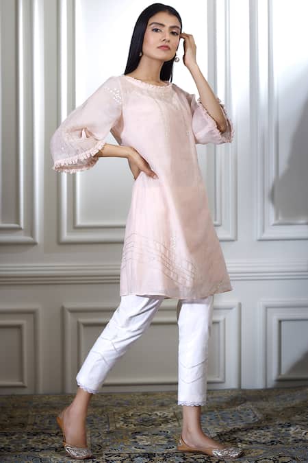 Mandira Wirk - Indian Peach Chanderi Round Kurta Set Online at Aza Fashions Mandira Wirk - Indian_Peach Chanderi Round Kurta Set _Online_at_Aza_Fashions