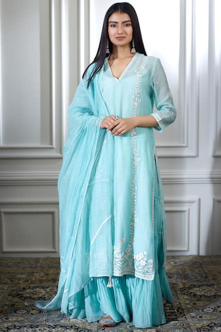 Mandira Wirk - Indian_Blue Chanderi V Neck Kurta Sharara Set _Online_at_Aza_Fashions
