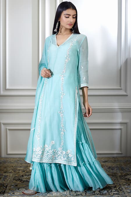 Buy_Mandira Wirk - Indian_Blue Chanderi V Neck Kurta Sharara Set _Online_at_Aza_Fashions