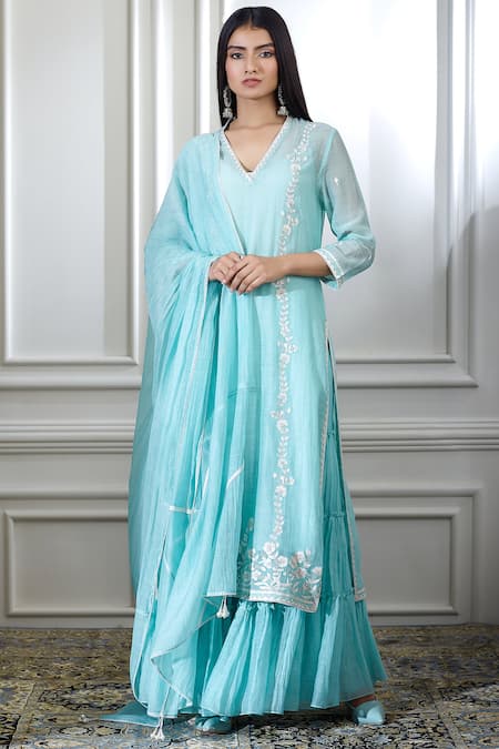 Shop_Mandira Wirk - Indian_Blue Chanderi V Neck Kurta Sharara Set _Online_at_Aza_Fashions