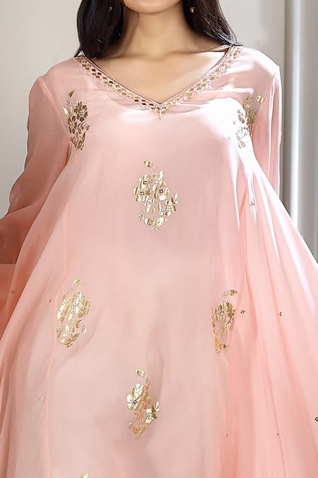 Buy_Mandira Wirk - Indian_Peach Viscose Crepe V Neck Foil Print Kurta Set _Online_at_Aza_Fashions