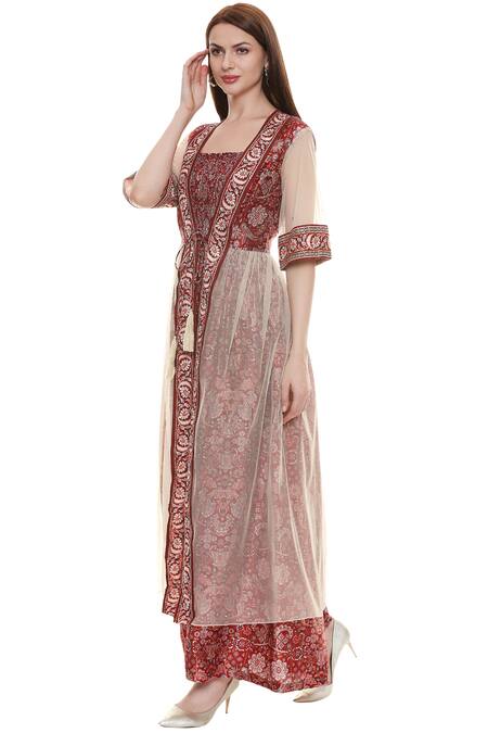 Soup By Sougat Paul Maroon Net, Malaysian Silk Square Neck Jumpsuit With Jacket Online at Aza Fashions Soup By Sougat Paul_Maroon Net, Malaysian Silk Square Neck Jumpsuit With Jacket _Online_at_Aza_Fashions