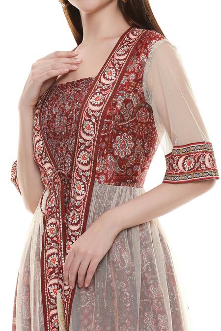 Soup By Sougat Paul Maroon Net, Malaysian Silk Square Neck Jumpsuit With Jacket at Aza Fashions Soup By Sougat Paul_Maroon Net, Malaysian Silk Square Neck Jumpsuit With Jacket _at_Aza_Fashions