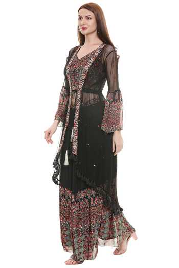 Soup By Sougat Paul_Black Net, Chiffon V Neck Printed Jacket Skirt Set _Online_at_Aza_Fashions