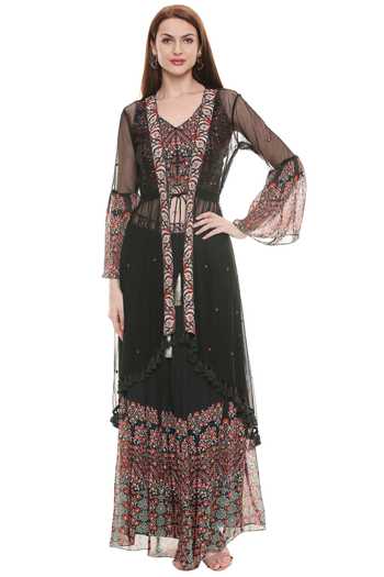 Buy_Soup By Sougat Paul_Black Net, Chiffon V Neck Printed Jacket Skirt Set _Online_at_Aza_Fashions