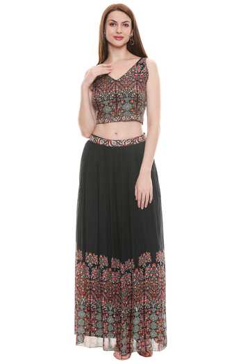 Shop_Soup By Sougat Paul_Black Net, Chiffon V Neck Printed Jacket Skirt Set _Online_at_Aza_Fashions