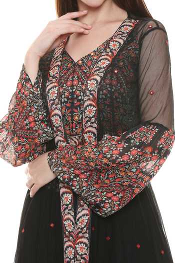 Soup By Sougat Paul_Black Net, Chiffon V Neck Printed Jacket Skirt Set _at_Aza_Fashions