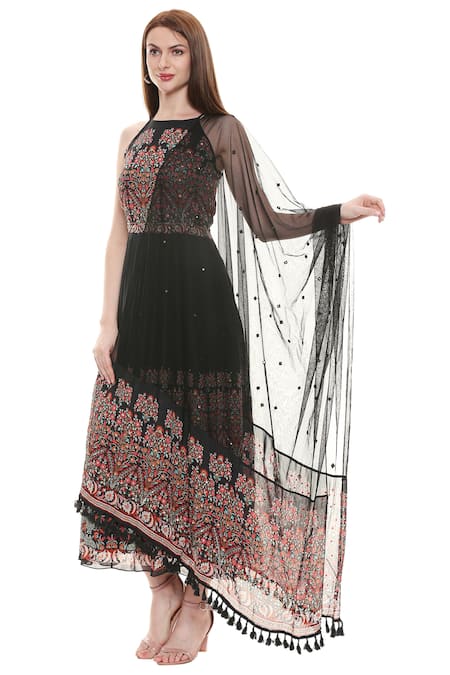 Soup By Sougat Paul_Black Net, Chiffon Halter Embellished Anarkali With Dupatta _Online_at_Aza_Fashions