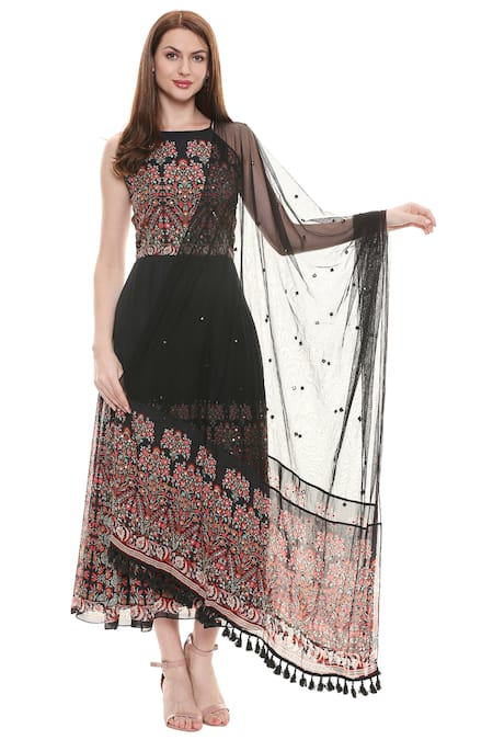 Buy_Soup By Sougat Paul_Black Net, Chiffon Halter Embellished Anarkali With Dupatta _Online_at_Aza_Fashions