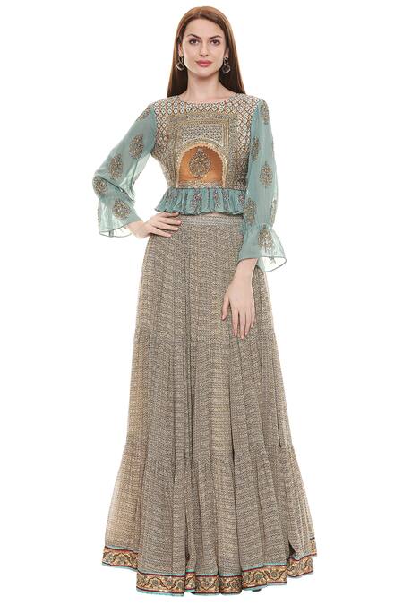 Buy_Soup By Sougat Paul_Green Chiffon, Maslin Slub, Sequins Net Round Printed Skirt Set _Online_at_Aza_Fashions