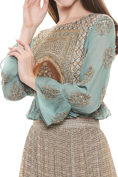 Shop_Soup By Sougat Paul_Green Chiffon, Maslin Slub, Sequins Net Round Printed Skirt Set _Online_at_Aza_Fashions