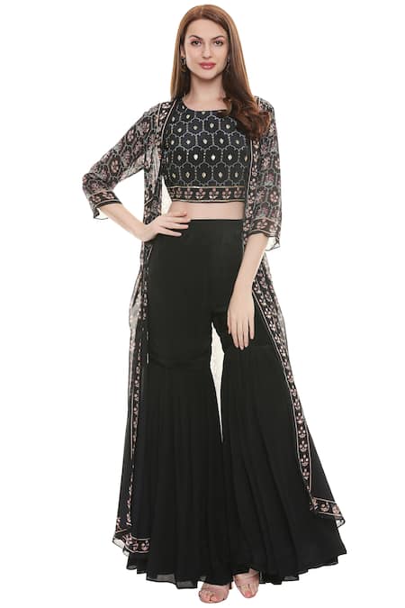 Soup by Sougat Paul Black Crepe Top Round Embellished Sharara Set With Jacket 