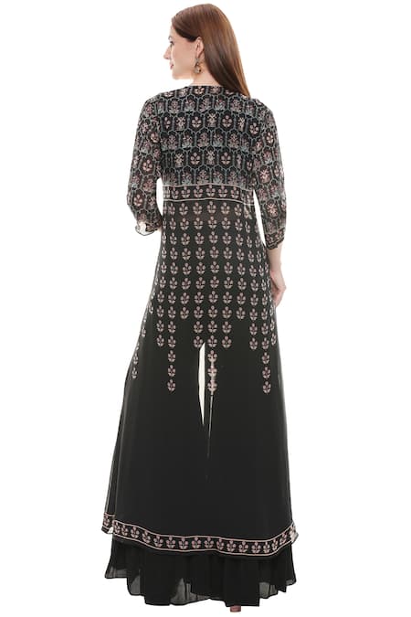Shop_Soup By Sougat Paul_Black Crepe, Chiffon Jacket Open, Top Round Embellished Sharara Set With _at_Aza_Fashions