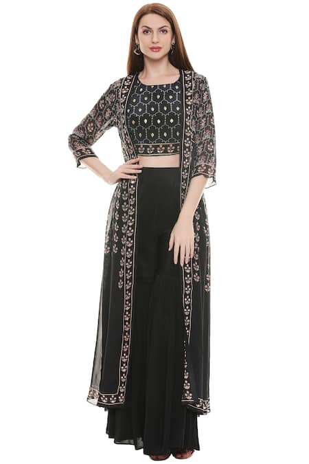 Buy Black Crepe Top Round Embellished Sharara Set With Jacket For Women by  Soup by Sougat Paul Online at Aza Fashions.