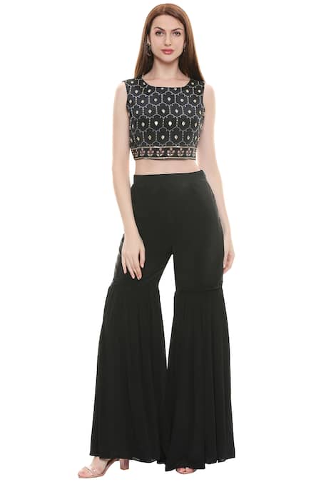 Shop_Soup By Sougat Paul_Black Crepe, Chiffon Jacket Open, Top Round Embellished Sharara Set With _Online_at_Aza_Fashions