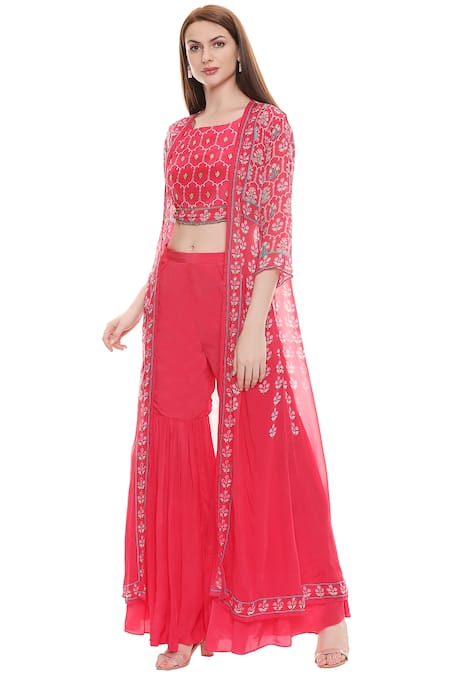 Soup by Sougat Paul Pink Crepe Top Round Embellished Jacket Sharara Set 