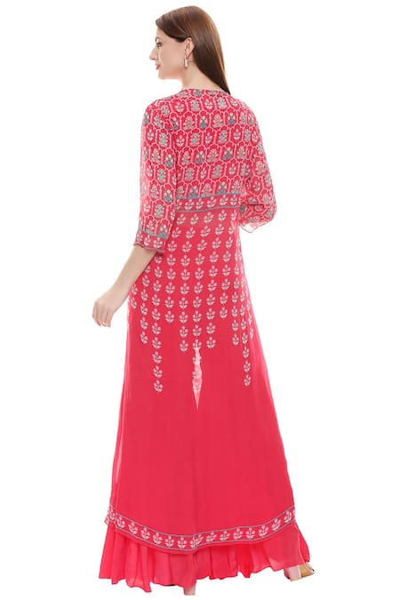 Shop_Soup by Sougat Paul_Pink Crepe, Chiffon Jacket Open, Top Round Embellished Sharara Set _at_Aza_Fashions