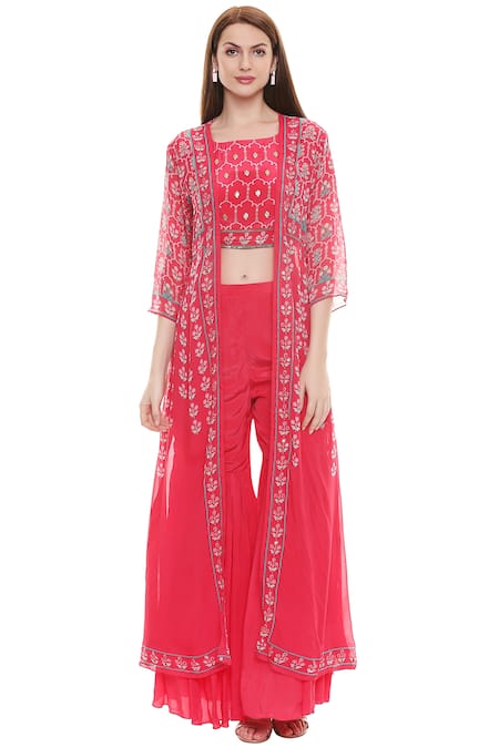 Soup by Sougat Paul_Pink Crepe, Chiffon Jacket Open, Top Round Embellished Sharara Set _Online_at_Aza_Fashions