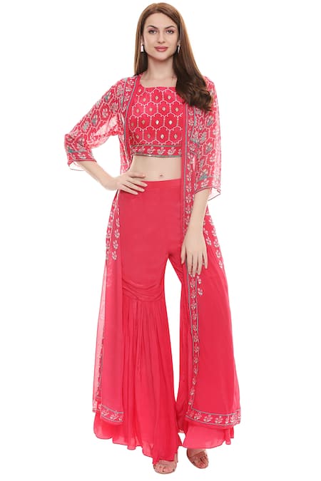 Buy_Soup by Sougat Paul_Pink Crepe, Chiffon Jacket Open, Top Round Embellished Sharara Set _Online_at_Aza_Fashions