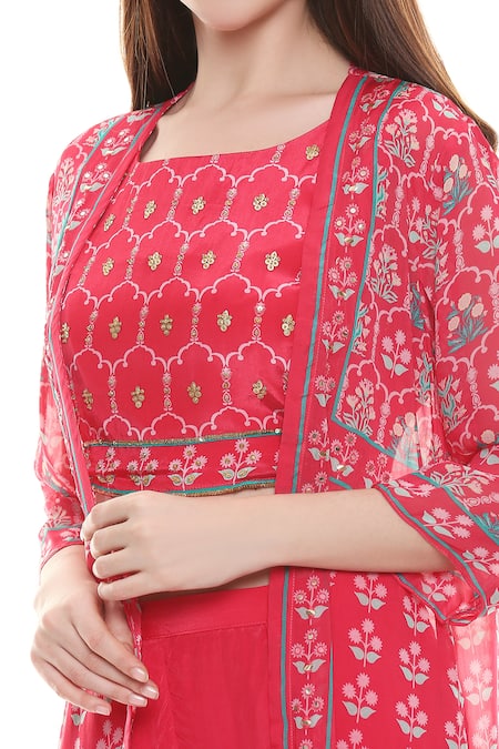 Soup by Sougat Paul_Pink Crepe, Chiffon Jacket Open, Top Round Embellished Sharara Set _at_Aza_Fashions