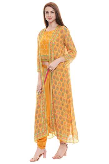 Soup By Sougat Paul_Yellow Crepe, Chiffon Jacket Open, Top Round Embellished Dhoti Pant Set _Online_at_Aza_Fashions