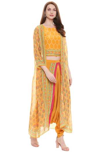 Buy_Soup By Sougat Paul_Yellow Crepe, Chiffon Jacket Open, Top Round Embellished Dhoti Pant Set _Online_at_Aza_Fashions