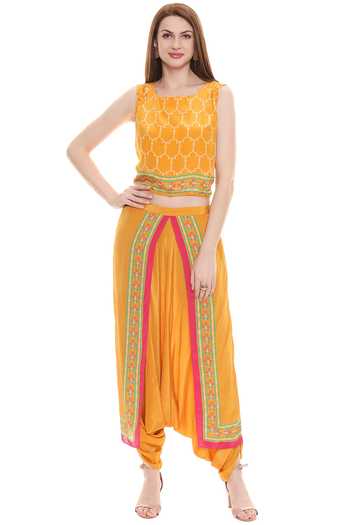 Shop_Soup By Sougat Paul_Yellow Crepe, Chiffon Jacket Open, Top Round Embellished Dhoti Pant Set _Online_at_Aza_Fashions