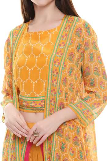 Soup By Sougat Paul_Yellow Crepe, Chiffon Jacket Open, Top Round Embellished Dhoti Pant Set _at_Aza_Fashions
