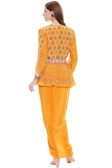 Shop Soup By Sougat Paul Yellow Crepe Dress Round, Jacket Open Draped With at Aza Fashions Shop_Soup By Sougat Paul_Yellow Crepe Dress Round, Jacket Open Draped With _at_Aza_Fashions