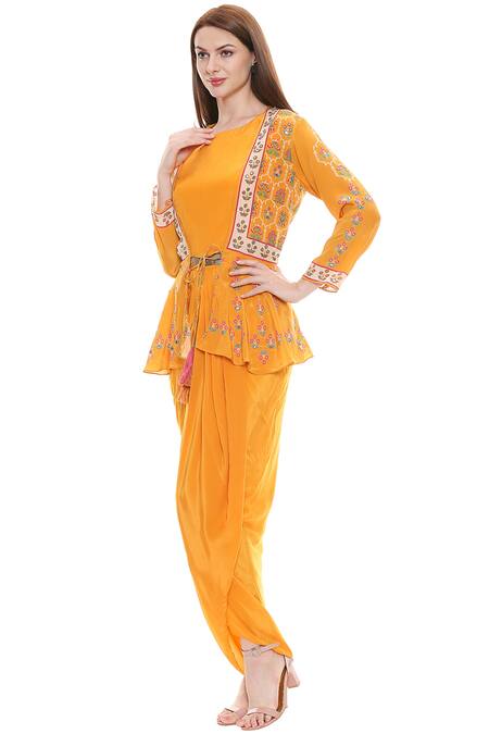 Soup By Sougat Paul Yellow Crepe Dress Round, Jacket Open Draped With Online at Aza Fashions Soup By Sougat Paul_Yellow Crepe Dress Round, Jacket Open Draped With _Online_at_Aza_Fashions