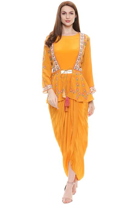 Buy Soup By Sougat Paul Yellow Crepe Dress Round, Jacket Open Draped With Online at Aza Fashions Buy_Soup By Sougat Paul_Yellow Crepe Dress Round, Jacket Open Draped With _Online_at_Aza_Fashions