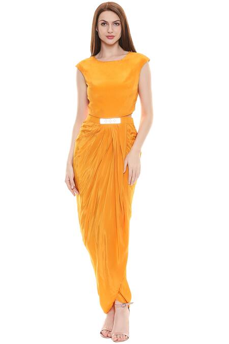 Shop Soup By Sougat Paul Yellow Crepe Dress Round, Jacket Open Draped With Online at Aza Fashions Shop_Soup By Sougat Paul_Yellow Crepe Dress Round, Jacket Open Draped With _Online_at_Aza_Fashions