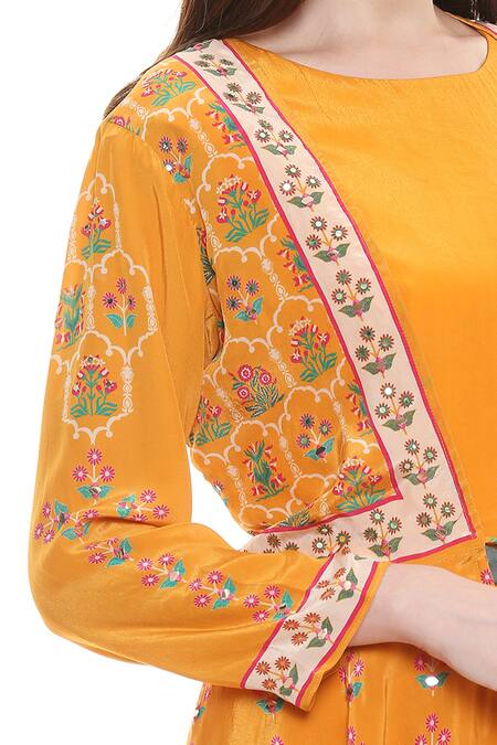 Soup By Sougat Paul Yellow Crepe Dress Round, Jacket Open Draped With at Aza Fashions Soup By Sougat Paul_Yellow Crepe Dress Round, Jacket Open Draped With _at_Aza_Fashions