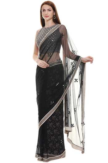 Soup By Sougat Paul_Blue Net, Muslin Slub Halter Embellished Saree With Blouse _Online_at_Aza_Fashions