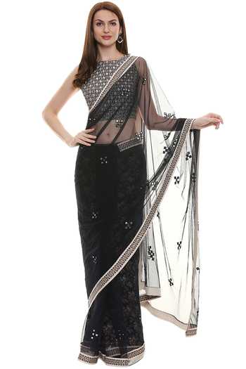 Buy_Soup By Sougat Paul_Blue Net, Muslin Slub Halter Embellished Saree With Blouse _Online_at_Aza_Fashions