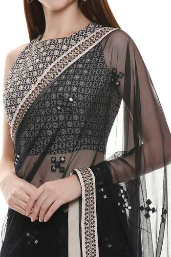 Shop_Soup By Sougat Paul_Blue Net, Muslin Slub Halter Embellished Saree With Blouse _Online_at_Aza_Fashions