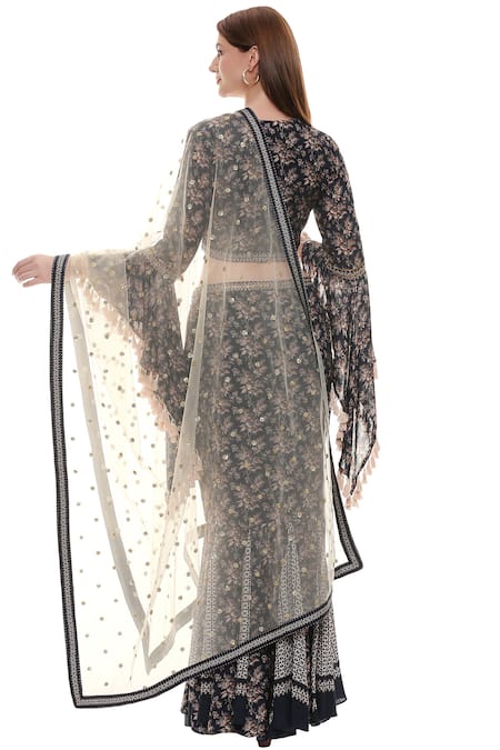 Shop_Soup by Sougat Paul_Blue Maslin Slub, Sequins Net V Neck Floral Lehenga Set _at_Aza_Fashions
