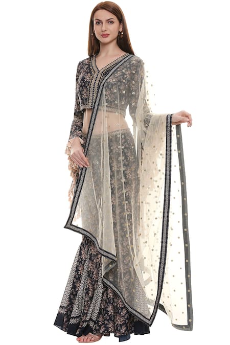 Soup by Sougat Paul_Blue Maslin Slub, Sequins Net V Neck Floral Lehenga Set _Online_at_Aza_Fashions