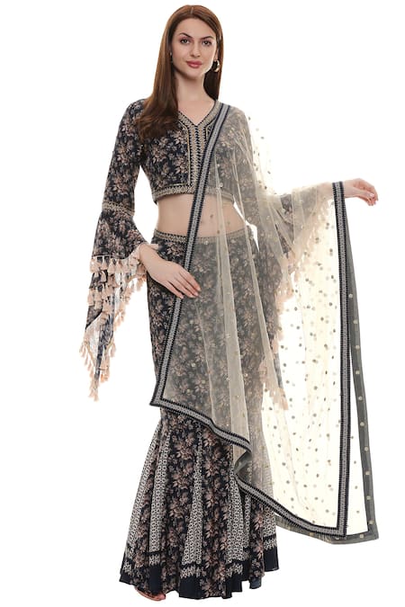 Buy_Soup by Sougat Paul_Blue Maslin Slub, Sequins Net V Neck Floral Lehenga Set _Online_at_Aza_Fashions