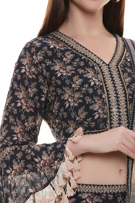 Soup by Sougat Paul_Blue Maslin Slub, Sequins Net V Neck Floral Lehenga Set _at_Aza_Fashions