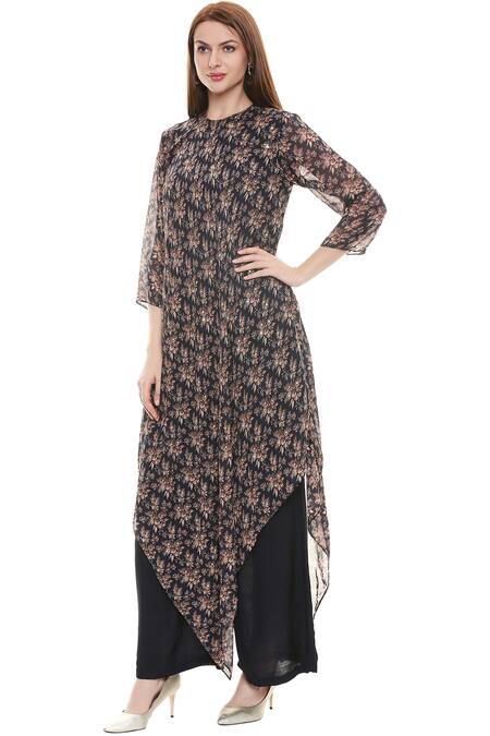 Soup By Sougat Paul_Black Chiffon, Muslin Slub Round Printed Kurta Palazzo Set _Online_at_Aza_Fashions